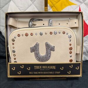 True Religion Beige Belt Bag with Metallic Accents